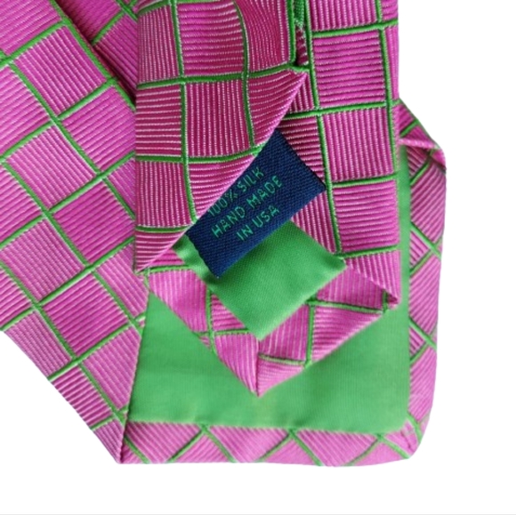 Lilly Pulitzer Men's Pink Green Check Silk Tie - Picture 4 of 6